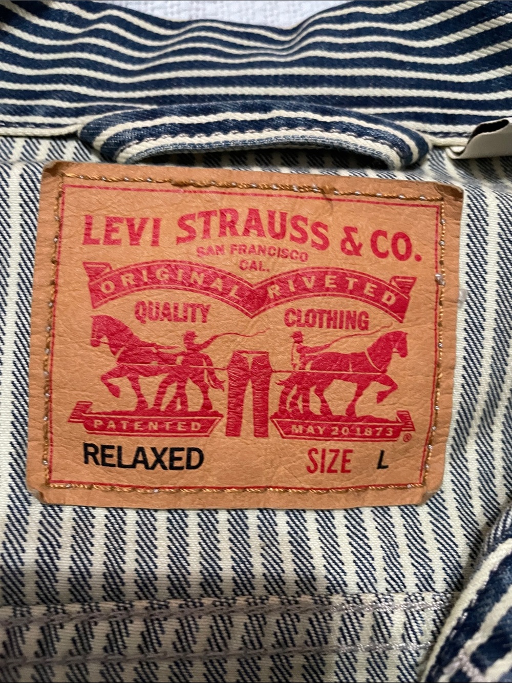 Levi's Blue & White Striped Chore Jacket with Red Patch - Picture 2 of 8